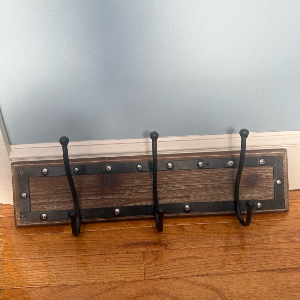 Rustic Wooden Wall Hook with Black Metal Detail